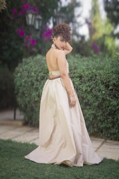 穿着飘逸连衣裙的时尚女性在郁郁葱葱的花园里摆姿势，表达优雅