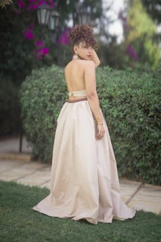 一位身着露背礼服的女子在生机勃勃的花园中优雅地摆姿势