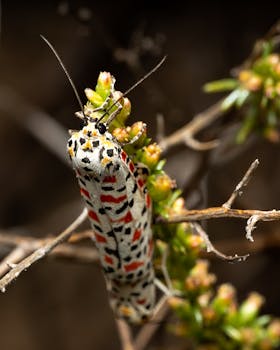 Close-up of a colorful Utetheisa pulchella moth on a plant, captured in Valencia at night.