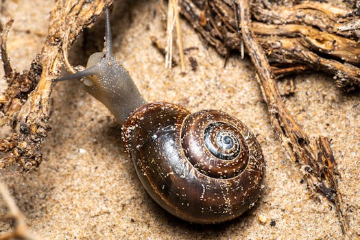Detailed macro image of a snail with a spiral shell on sand and sticks.