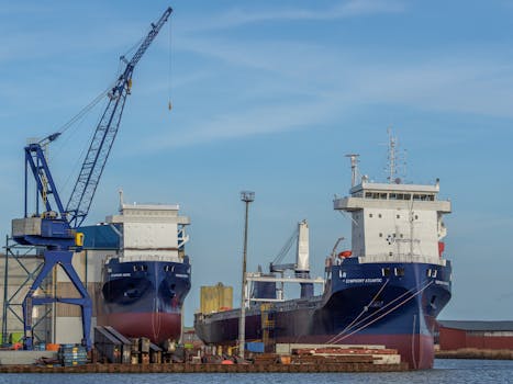 Container ships and crane at dockyard in Niedersachsen, Germany under clear sky.