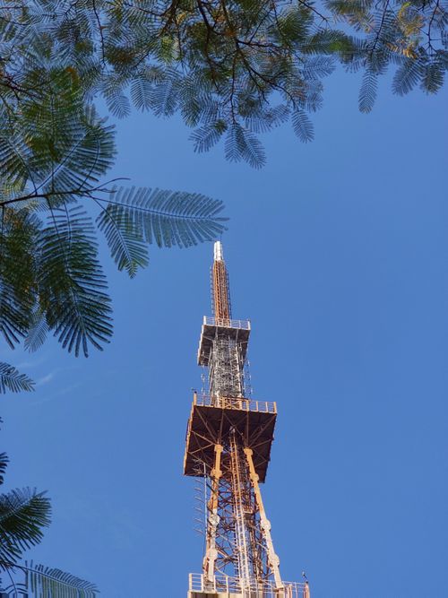 Free A towering steel structure rises against a vibrant blue sky framed by green foliage. Stock Photo