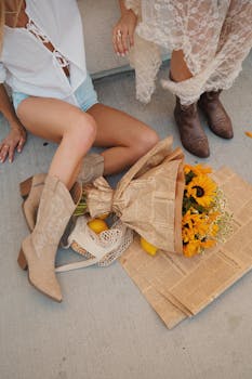 Two women in summer outfits with cowboy boots and sunflowers, evoking cozy vibes.
