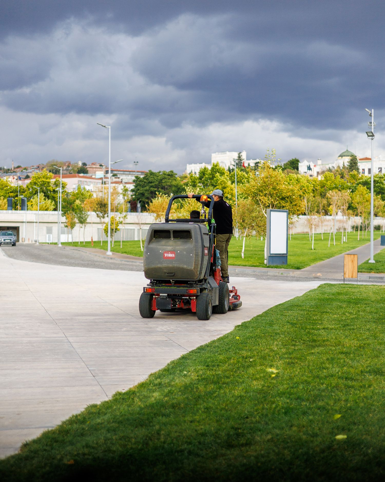 Industrial lawn maintenance in urban park