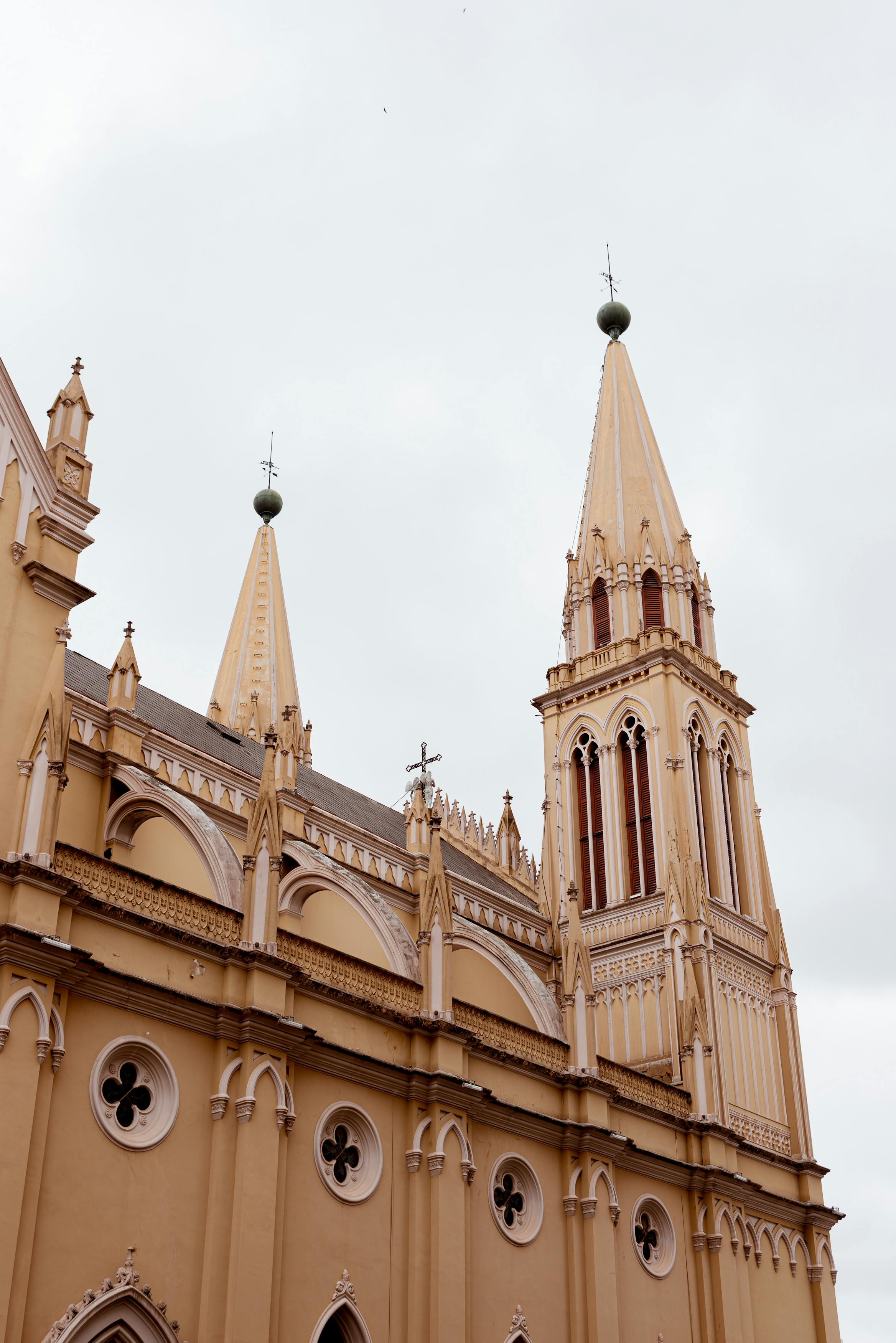 哥特式大教堂的详细视图展现，高耸的尖顶在多云的天空下显得格外突出