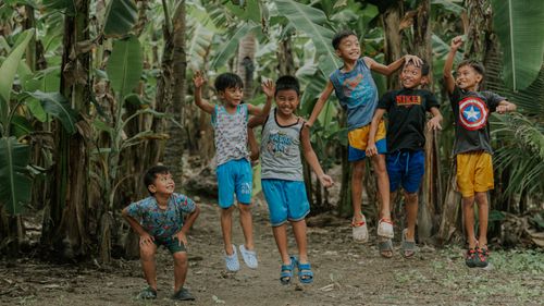 Free A group of joyful children playing and jumping in a lush banana grove, showcasing carefree childhood fun. Stock Photo