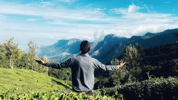 A man with open arms enjoying the breathtaking view of Munnar's lush tea plantations and majestic mountains.