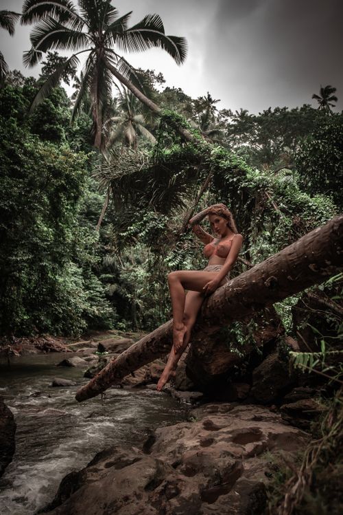 Free A woman seated on a fallen tree over a jungle stream, surrounded by lush tropical foliage. Stock Photo