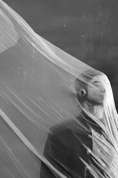 Black and white portrait of a person with headphones, wrapped in transparent fabric, evoking emotion.