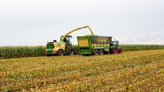 Combine harvester and tractor working in a cornfield during harvest season in Lütau, Germany.