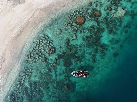 雅加达珊瑚礁和一艘小船的令人惊叹的鸟瞰图非常适合旅行和自然主题