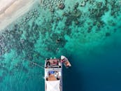 令人惊叹的雅加达游艇和珊瑚礁鸟瞰图，展示了充满活力的海洋生物和清澈的海水