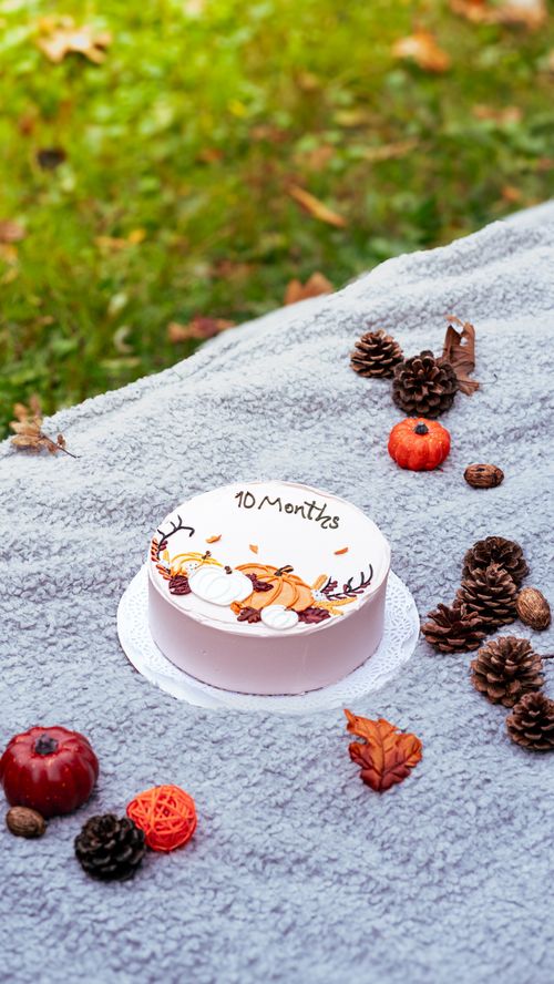 Free Celebrate 10 months with an autumn-themed cake surrounded by leaves and pinecones outdoors. Stock Photo