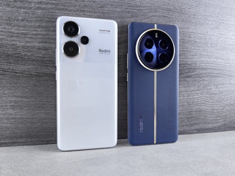 Two modern smartphones, one white and one blue, displayed vertically on a wooden surface.