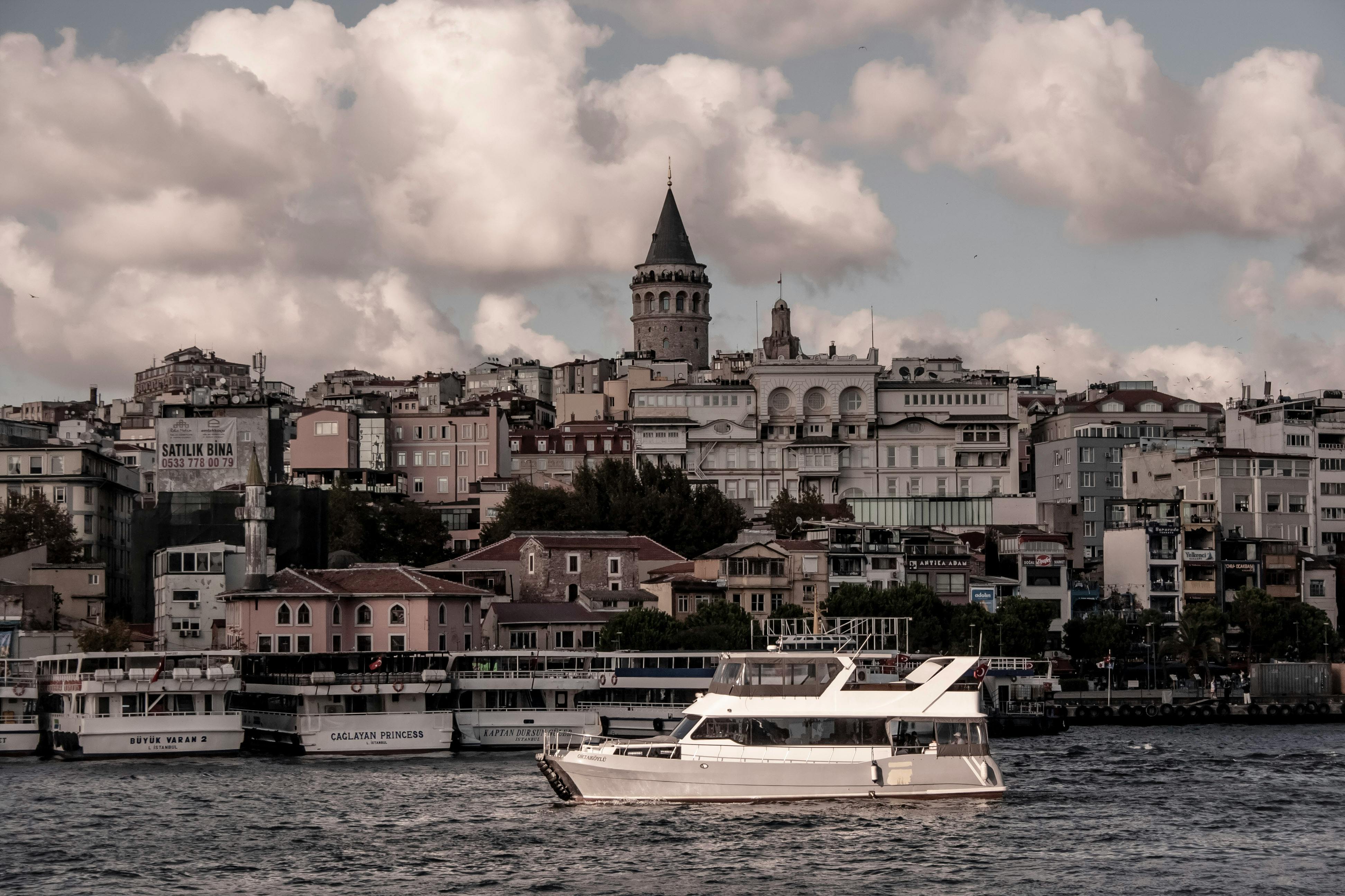 伊斯坦布尔加拉塔塔的风景，博斯普鲁斯海峡上的船只在戏剧性的天空下拍摄