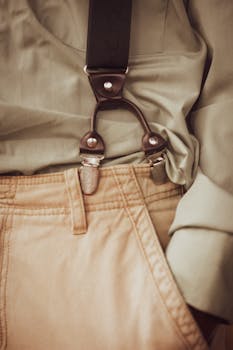A close-up image showcasing a vintage fashion style with suspenders and earth-toned clothing.