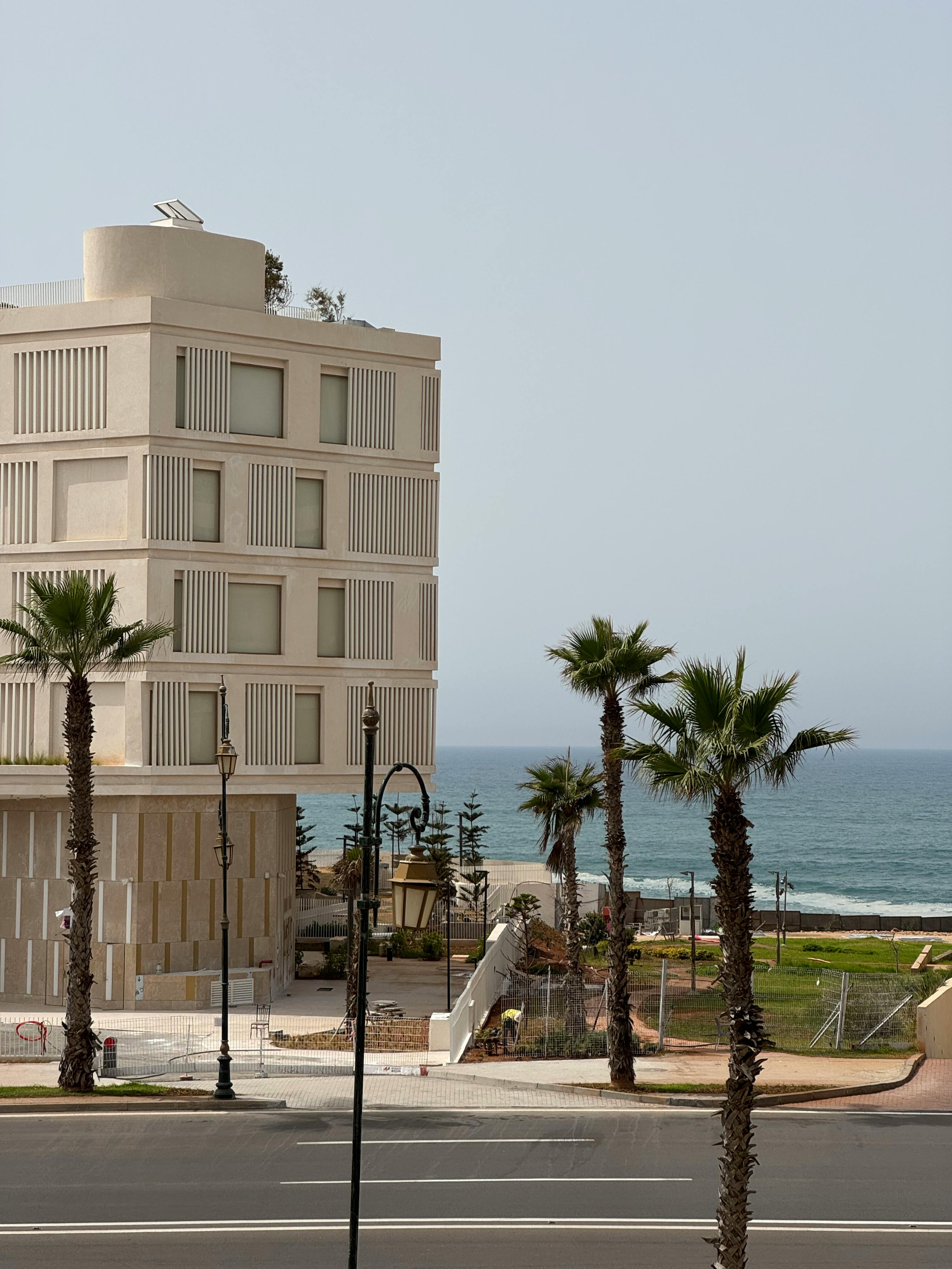 在晴朗的日子，现代建筑与棕榈树位于海洋附近