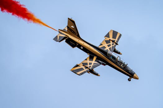 特技飞行表演中，图菲瑟喷气式飞机带有红烟痕迹