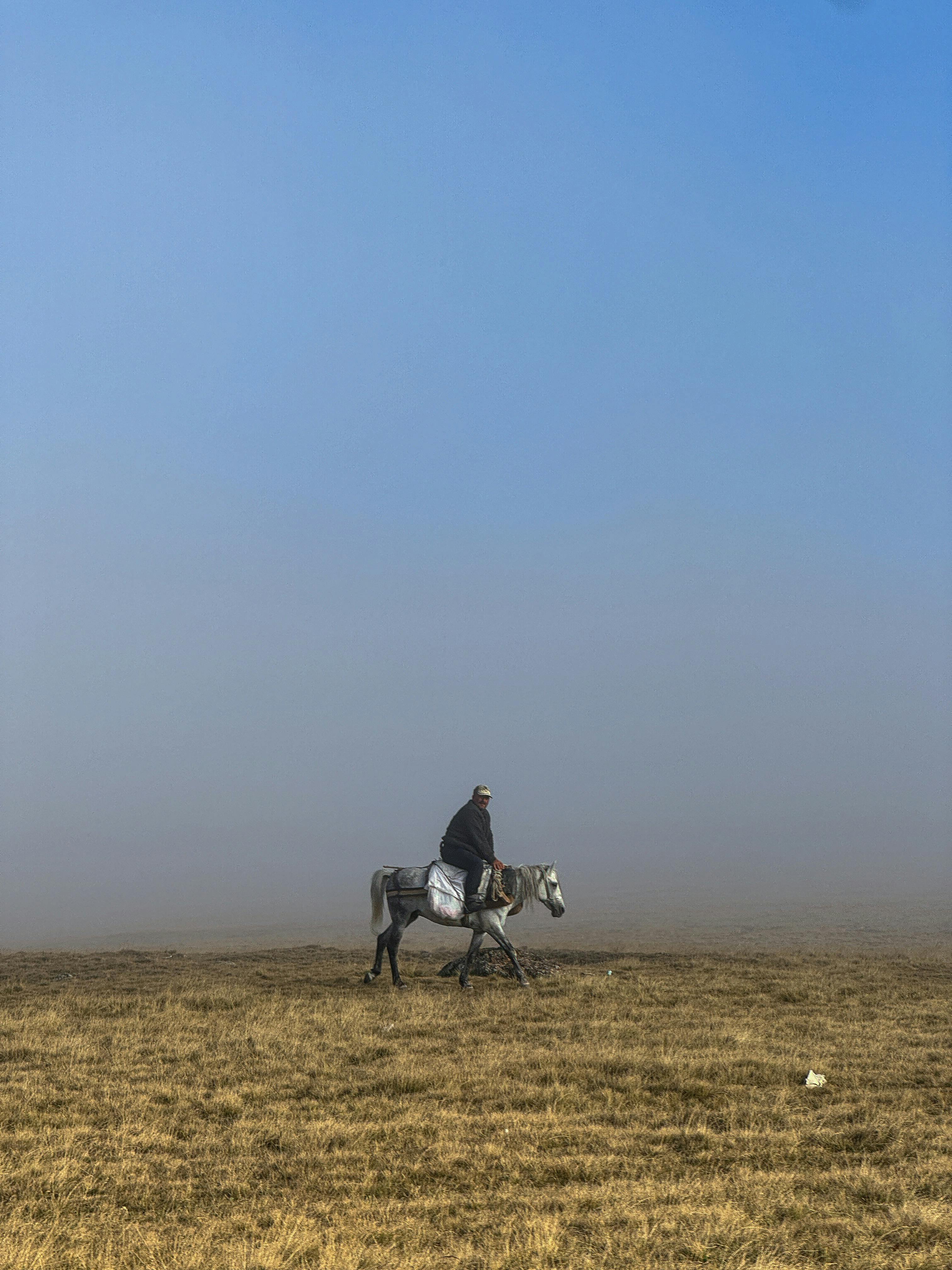 在晴朗的蓝天下，一名孤独的骑马者穿越迷雾开阔的草原