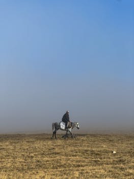在晴朗的蓝天下，一名孤独的骑马者穿越迷雾开阔的草原