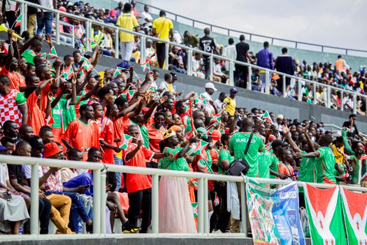 A lively crowd of fans cheering at a football stadium wearing team colors holding flags.