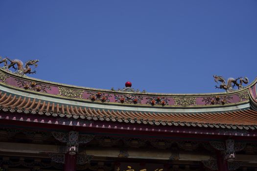 Close-up of an ornate temple roof in Taipei, showcasing dragon sculptures and detailed architectural design.