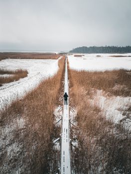 在冬季，芦苇丛中覆盖着一层厚厚的积雪，木板路从高处俯瞰显得格外清晰