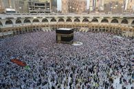 Aerial view of pilgrims gathered around the Kaaba in Mecca during the Hajj pilgrimage.