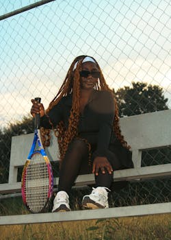 A fashionable woman sits on a bench holding a tennis racket, exuding confidence and style outdoors.