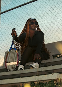 Confident woman sitting with a tennis racket on outdoor bleachers during a sunset, exuding style and athleticism.