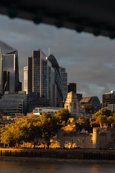 A breathtaking view of the London skyline featuring iconic landmarks at sunset.
