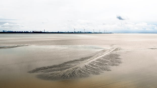 宁静的沿海景观，拥有风力涡轮机和宁静的海岸