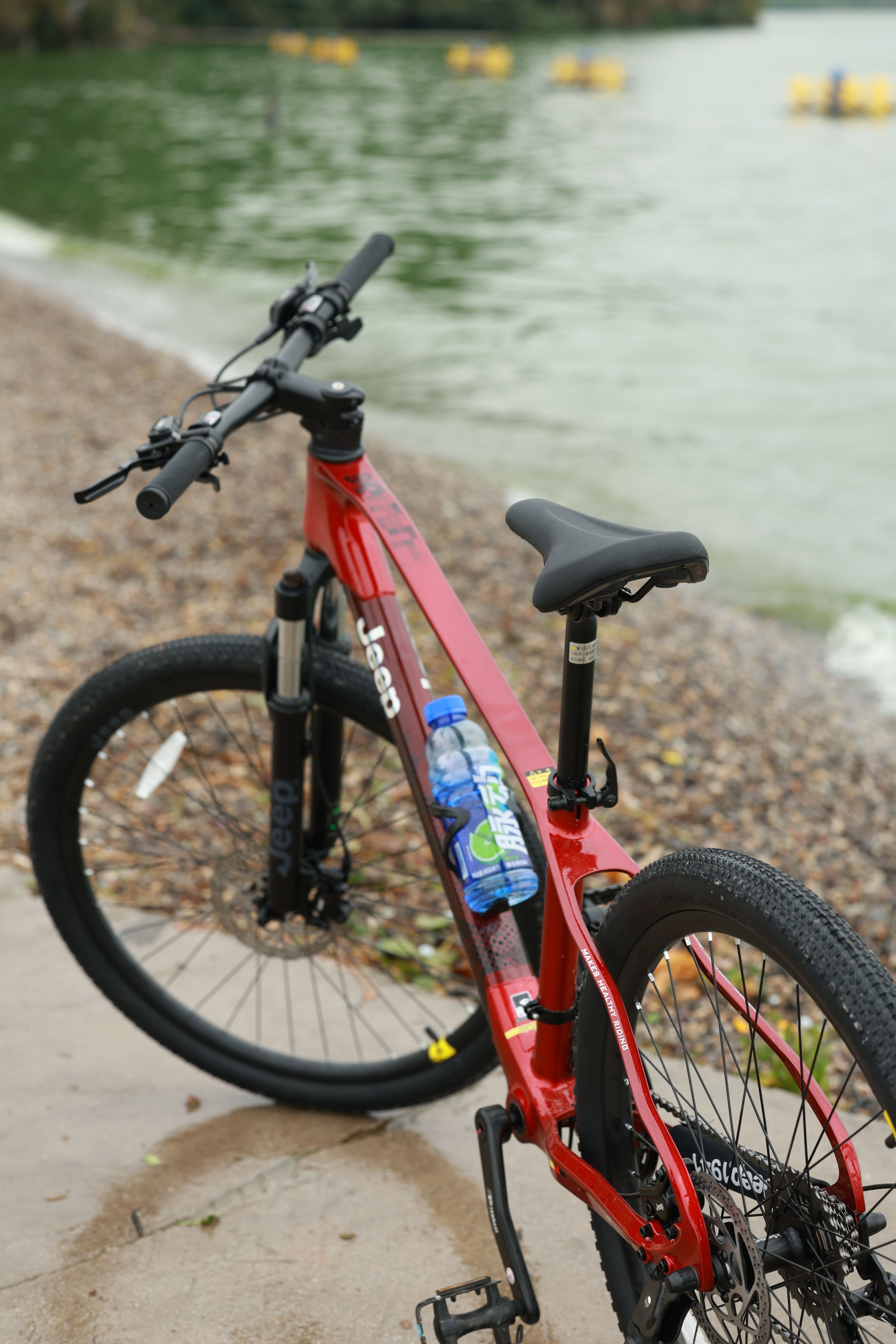 A bright red mountain bike parked beside a tranquil lakeside path on a cloudy day.