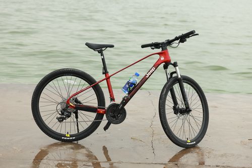 Free Sleek red mountain bike parked on a concrete path beside a serene water body. Stock Photo