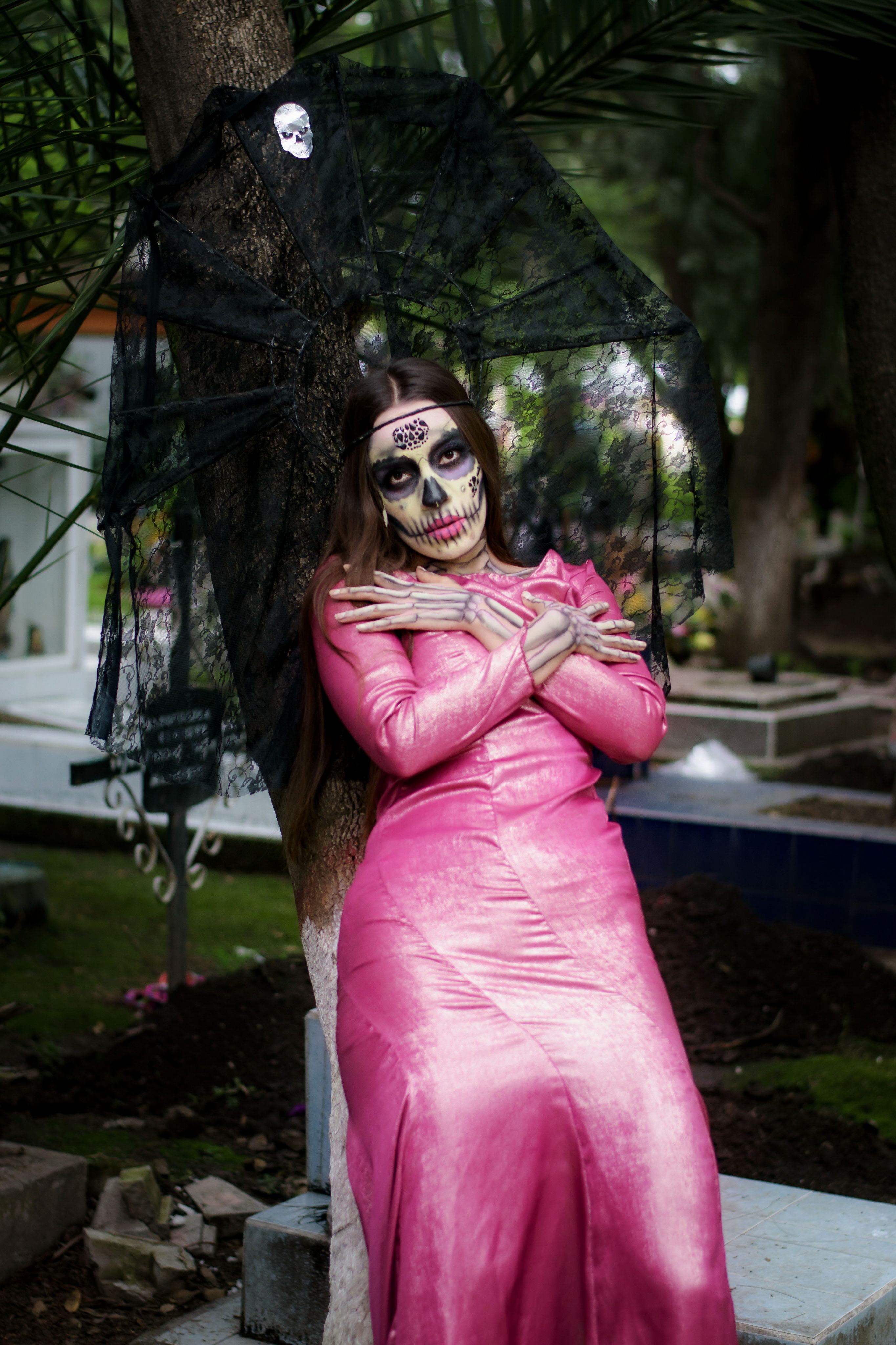 pink day of the dead dress Closeup Portrait of Calavera Catrina in Pink Dress. Sugar Skull Makeup. Dia  De Los Muertos. Day of the Dead. Halloween Stock Image