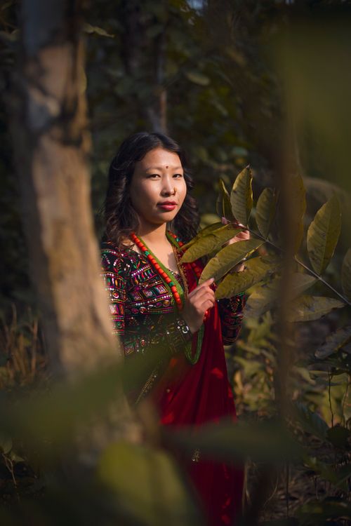 Free Portrait of a woman in traditional Nepalese dress surrounded by nature, highlighting cultural beauty. Stock Photo