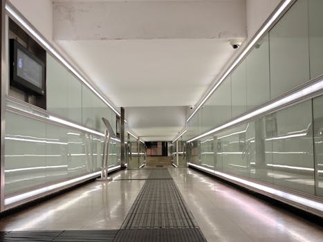 Spacious modern corridor with glass panels and bright lighting.