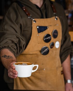 A barista in an apron serves a beautifully crafted latte with latte art in a cozy café setting.