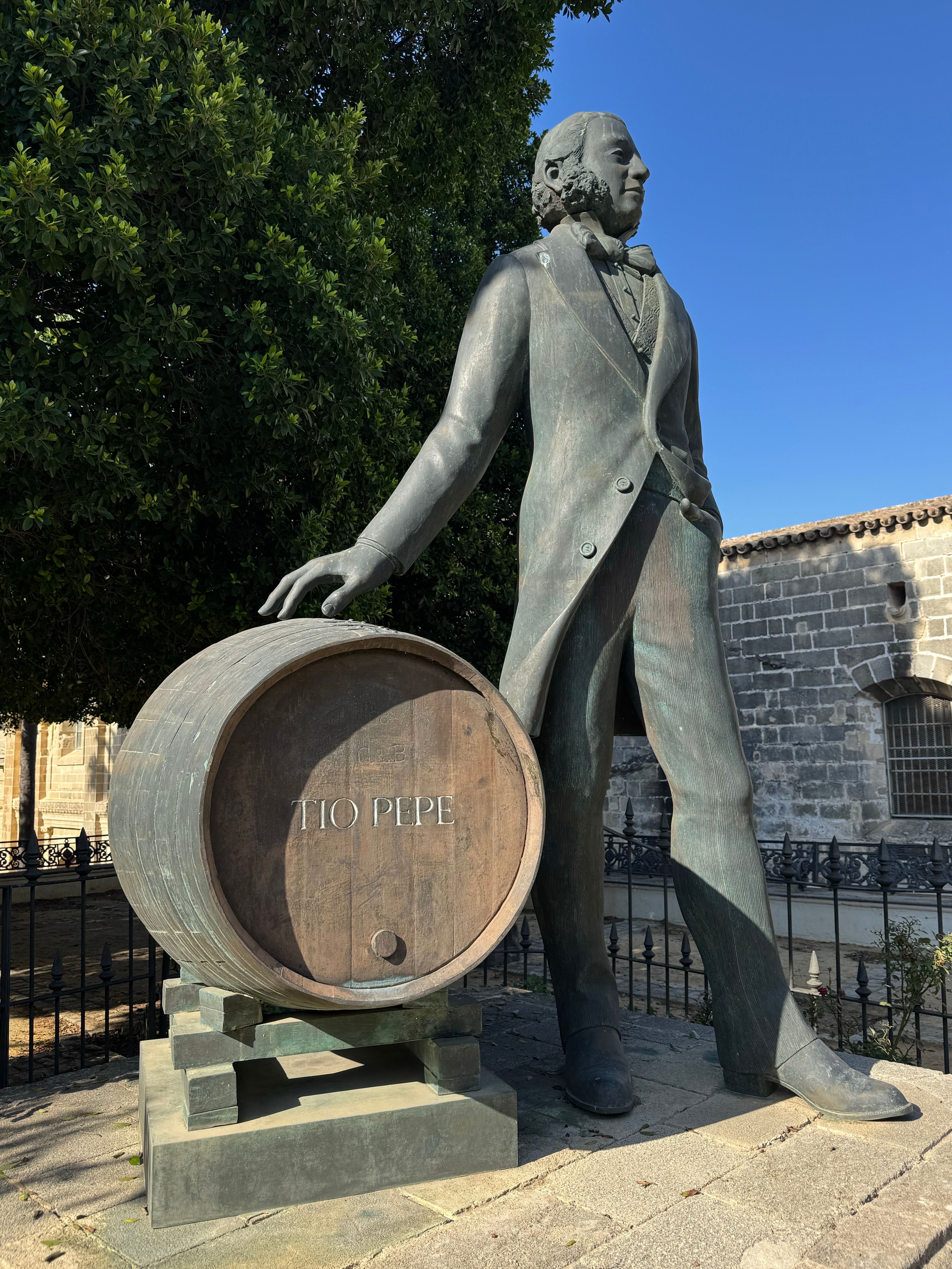 Bronze statue of Tio Pepe with a sherry barrel in Jerez de la Frontera, Spain.