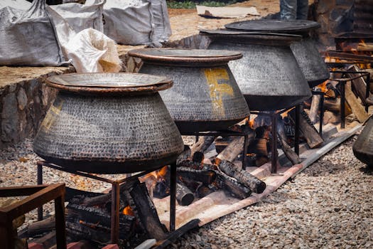 Outdoor cooking setup with large iron pots over open wood fire.