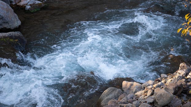 A dynamic capture of river water swiftly flowing over rocks in the scenic Changbai Mountain, China.
