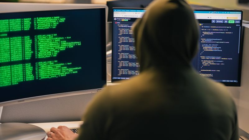 A person in a hoodie coding on dual monitors, depicting cybersecurity and hacking themes.