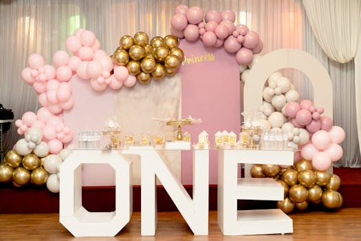 Charming first birthday party setup with pink, gold, and white balloons, and a large decorative ONE sign.