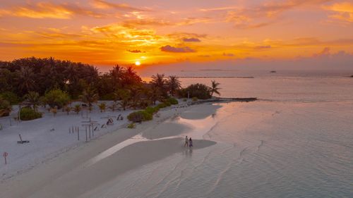 Free A couple walks along a serene Maldivian beach during a vibrant sunset, offering a perfect tropical escape. Stock Photo