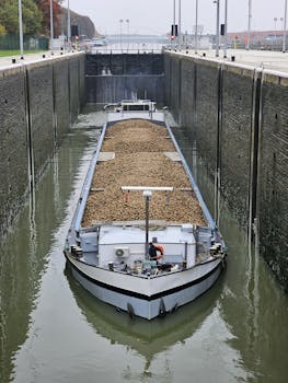 A cargo ship carrying materials moves through a lock in Tessenderlo-Ham, Belgium.