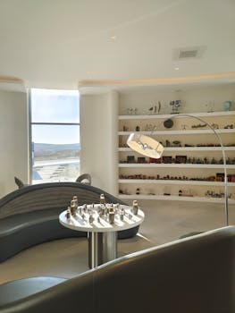 A stylish living room with modern furniture and decorative shelf items.