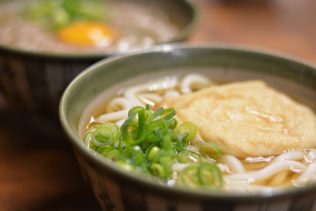 Close-up of a steaming bowl of Japanese udon noodles with toppings including green onions and tofu.
