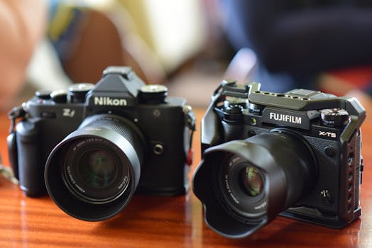 Primo piano delle fotocamere Nikon e Fujifilm su un tavolo di legno, con particolare attenzione ai dettagli dell'obiettivo.