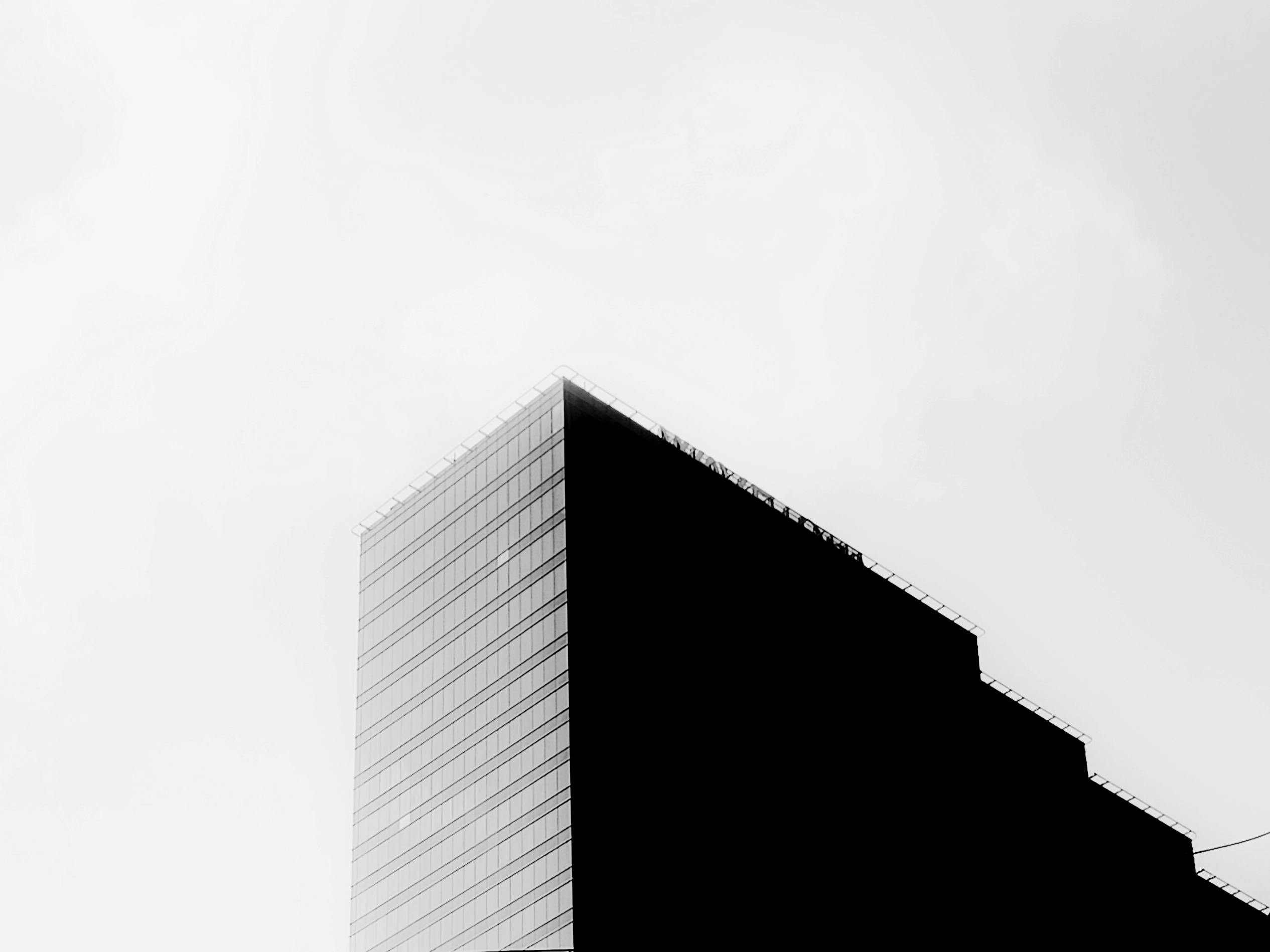 Gratuit Une photographie minimaliste en noir et blanc d'un gratte-ciel avec un fond de ciel clair. Photos