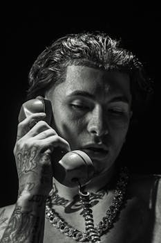 Dramatic black and white portrait of a tattooed man holding a vintage phone.